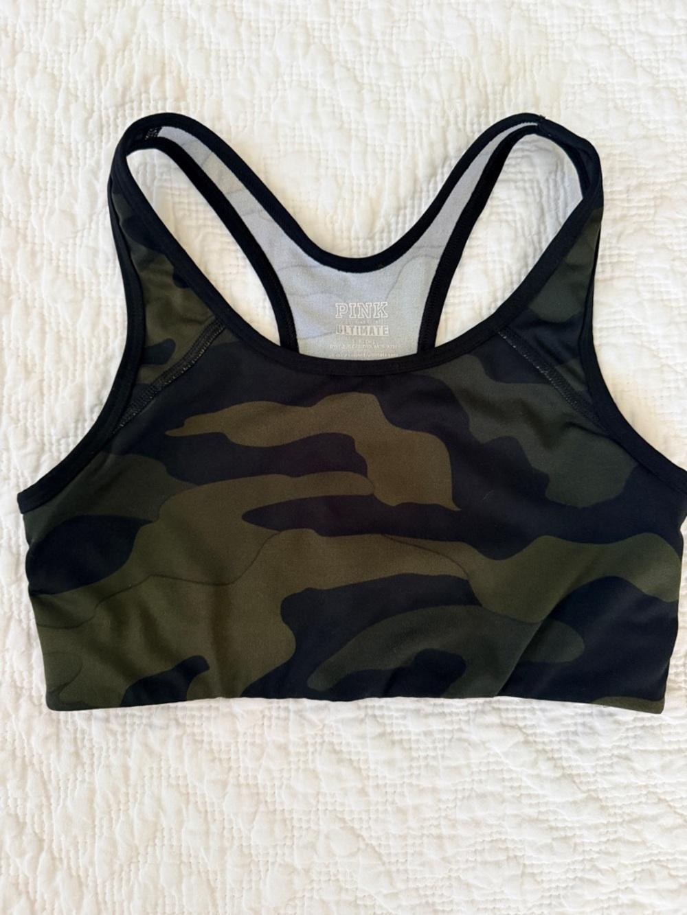 PINK Victoria's Secret Olive & Black Camo Racerback Sports Bra